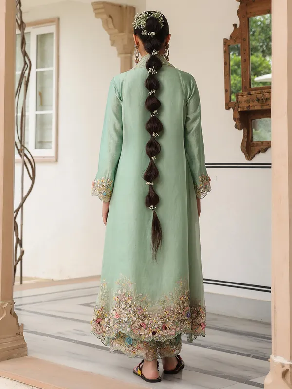 Light green organza and chanderi silk jacket style kurti set
