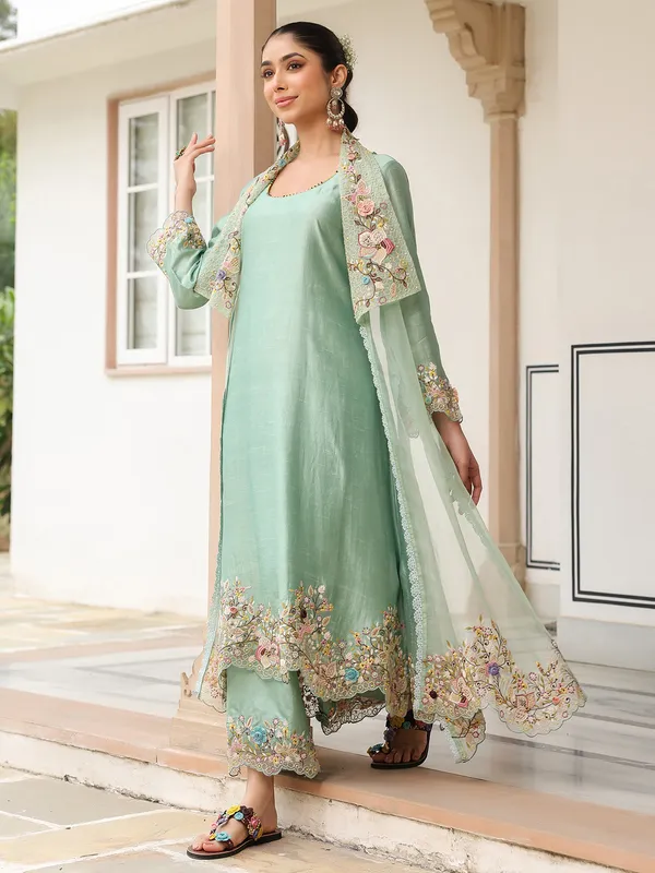 Light green organza and chanderi silk jacket style kurti set
