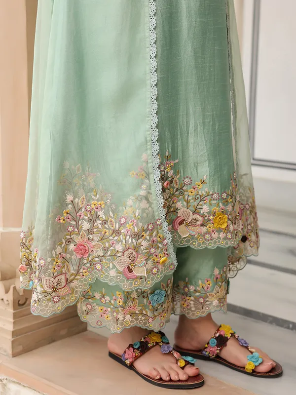 Light green organza and chanderi silk jacket style kurti set