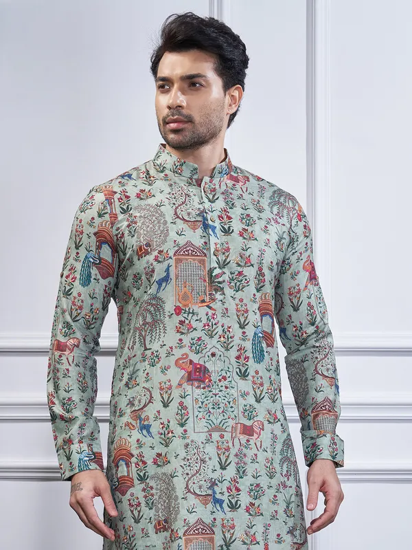 Light green printed cotton kurta suit