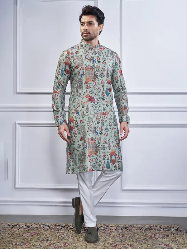 Light green printed cotton kurta suit