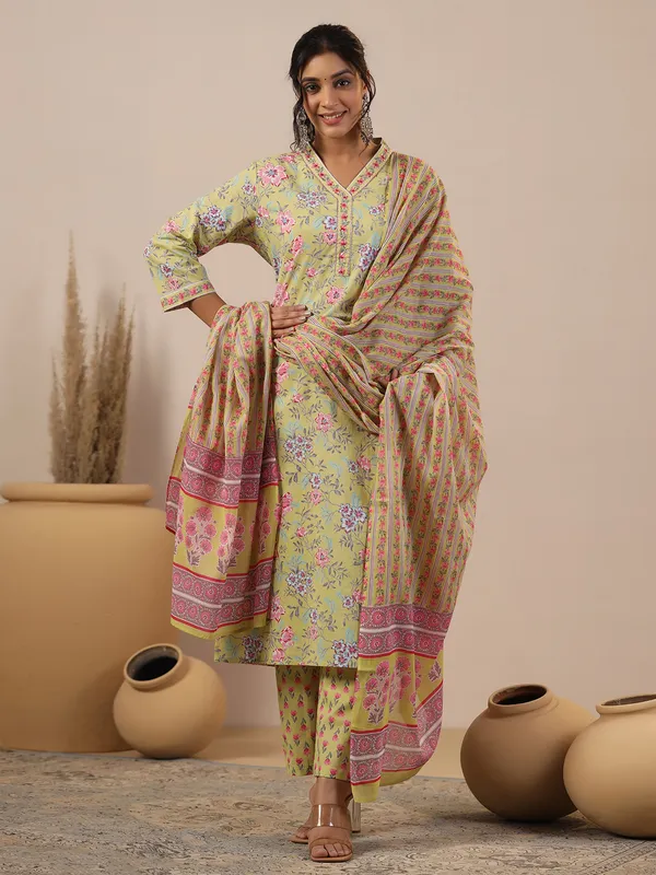 Light green printed cotton kurti set