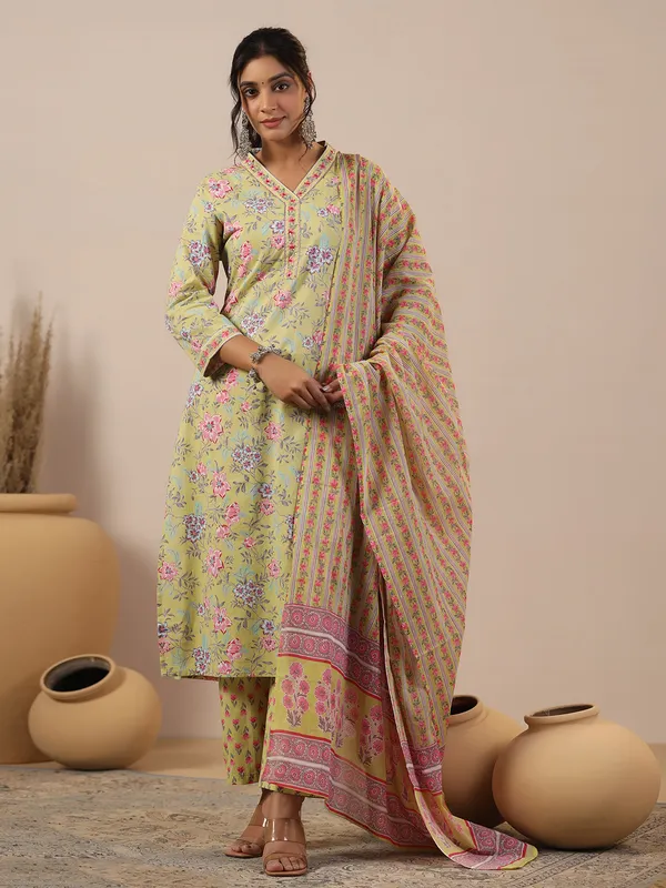 Light green printed cotton kurti set