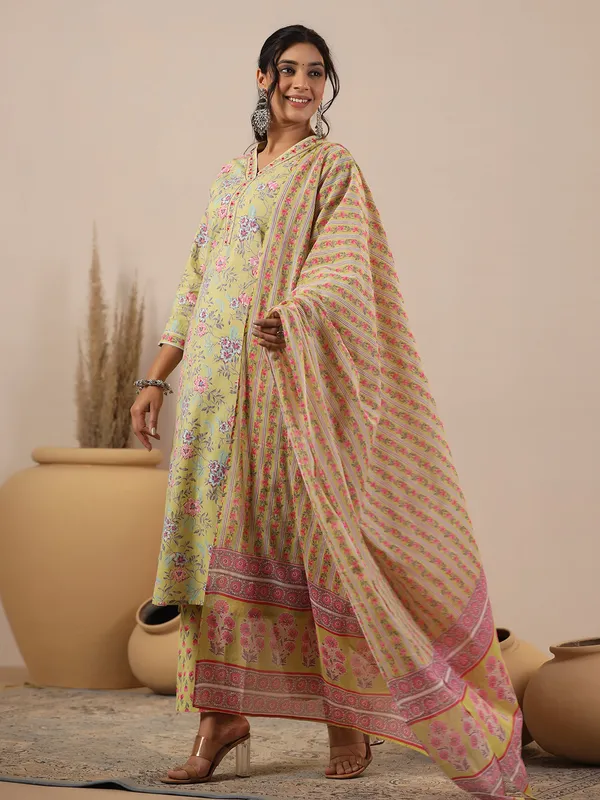 Light green printed cotton kurti set