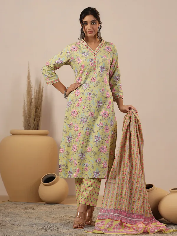 Light green printed cotton kurti set