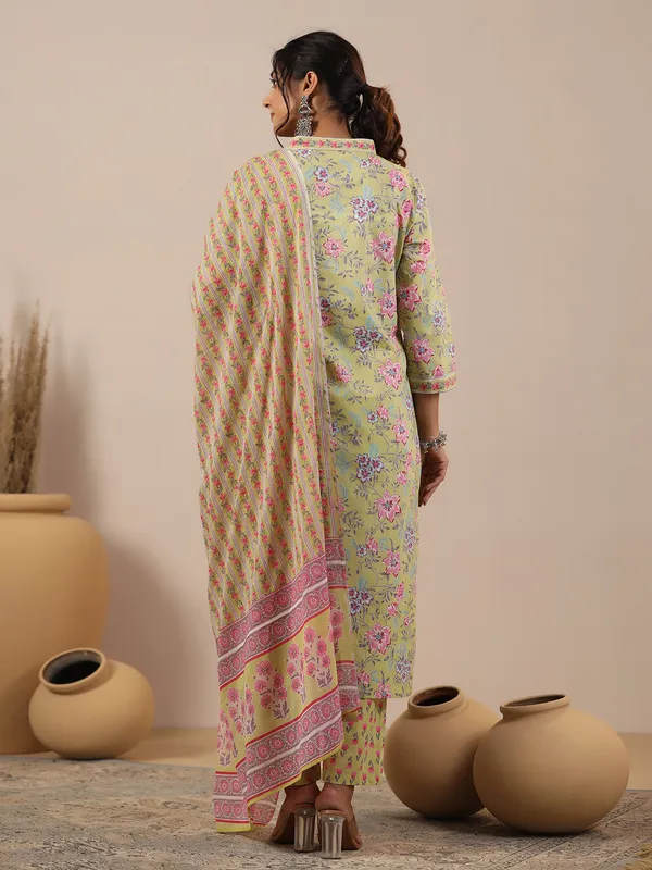 Light green printed cotton kurti set