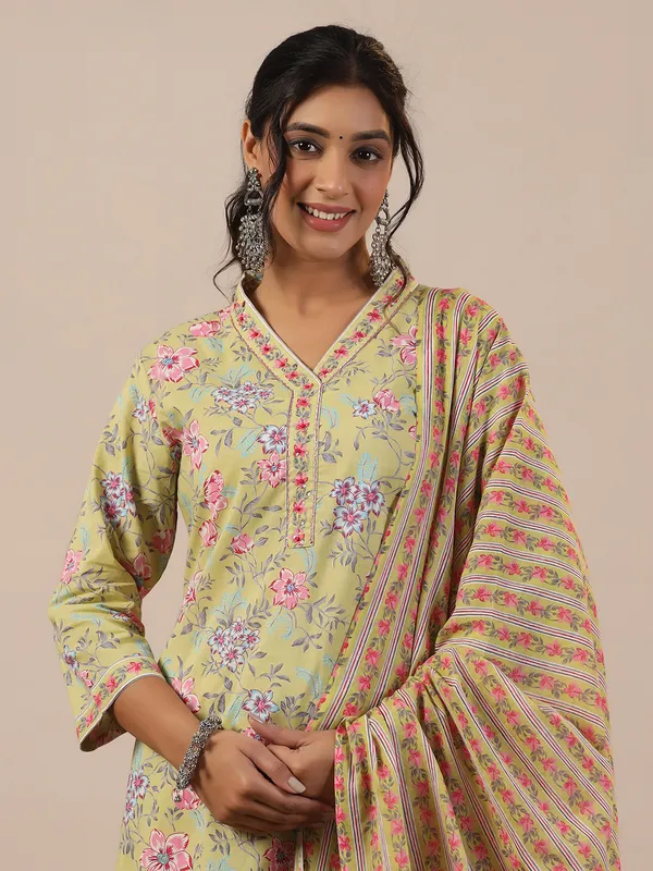 Light green printed cotton kurti set
