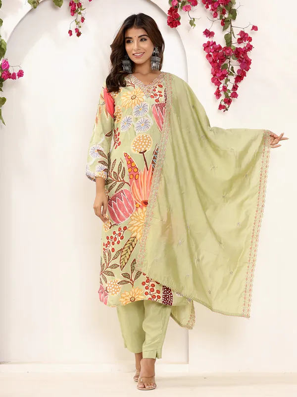 Light green printed kurti set in silk