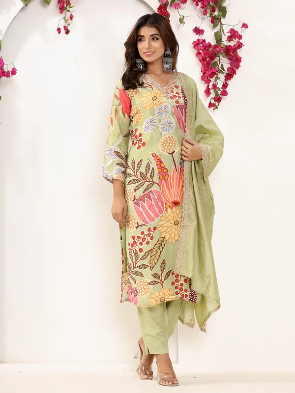 Light green printed kurti set in silk