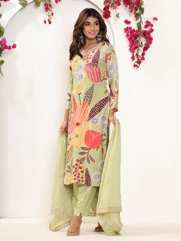 Light green printed kurti set in silk