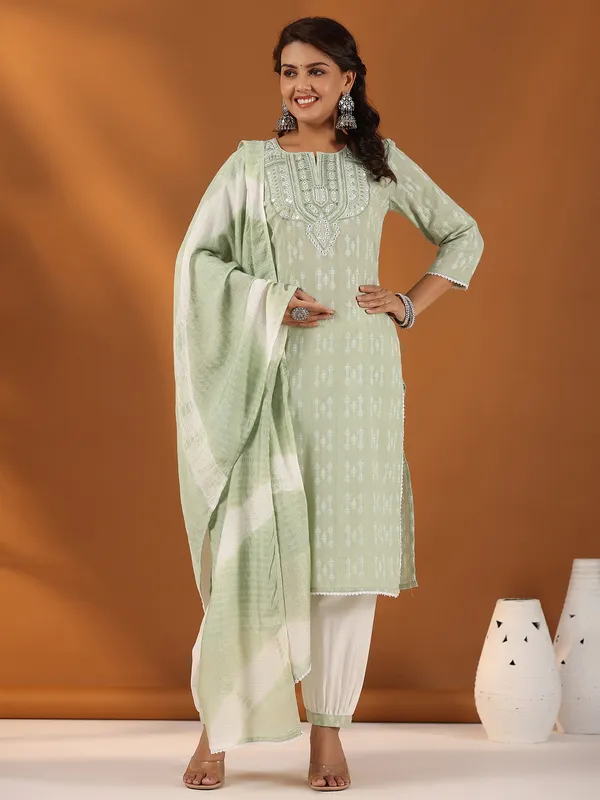 Light green printed kurti set with dupatta