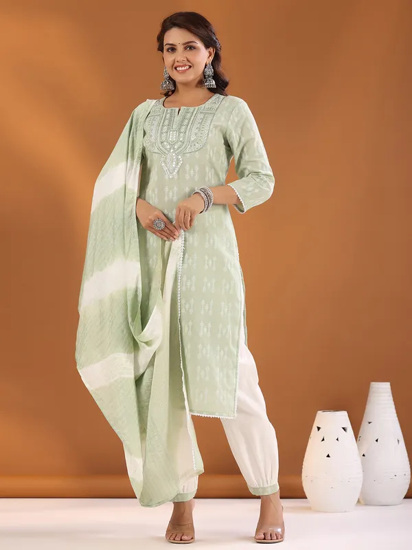 Light green printed kurti set with dupatta
