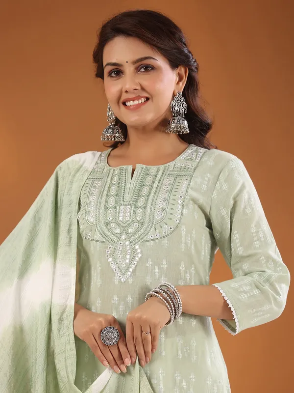 Light green printed kurti set with dupatta