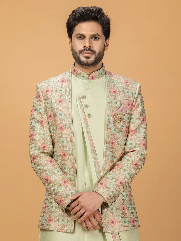 Light green printed silk indowestern