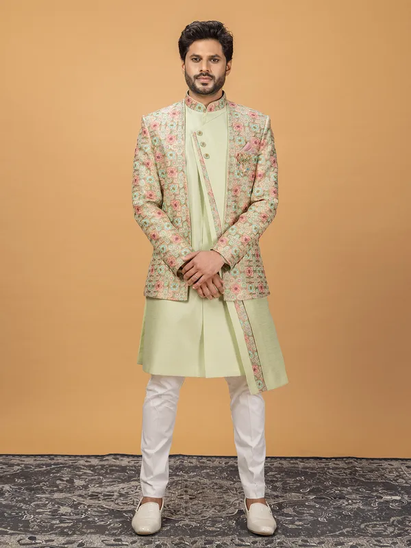 Light green printed silk indowestern