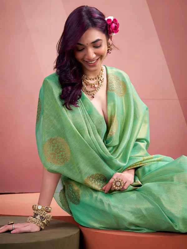 Light green saree in soft tissue silk