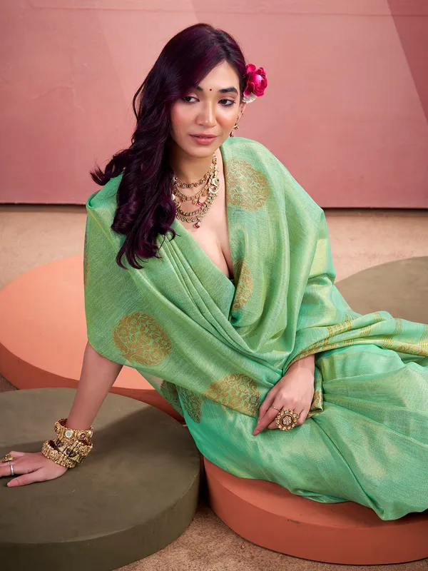 Light green saree in soft tissue silk
