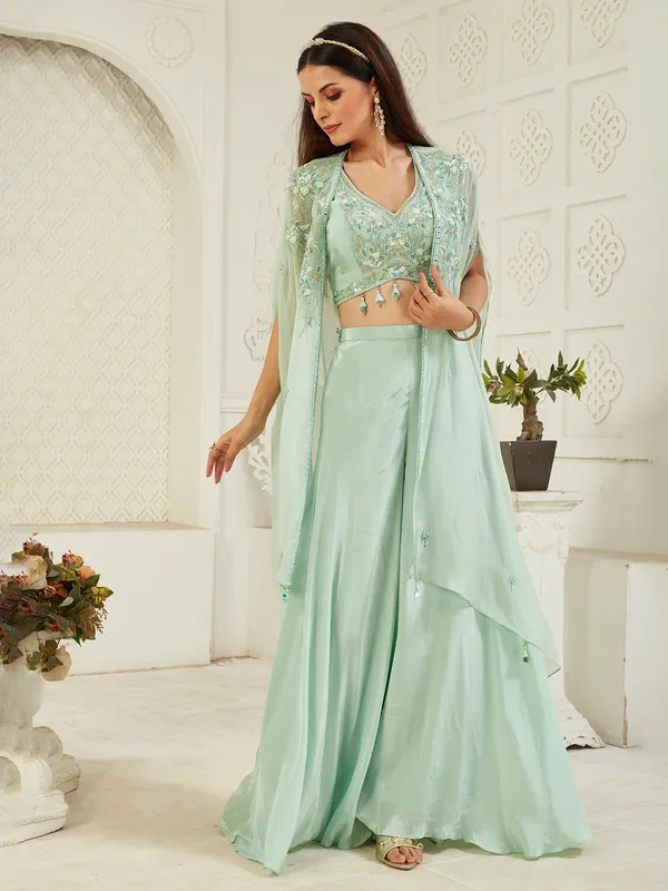 Light green satin silk jacket style palazzo suit