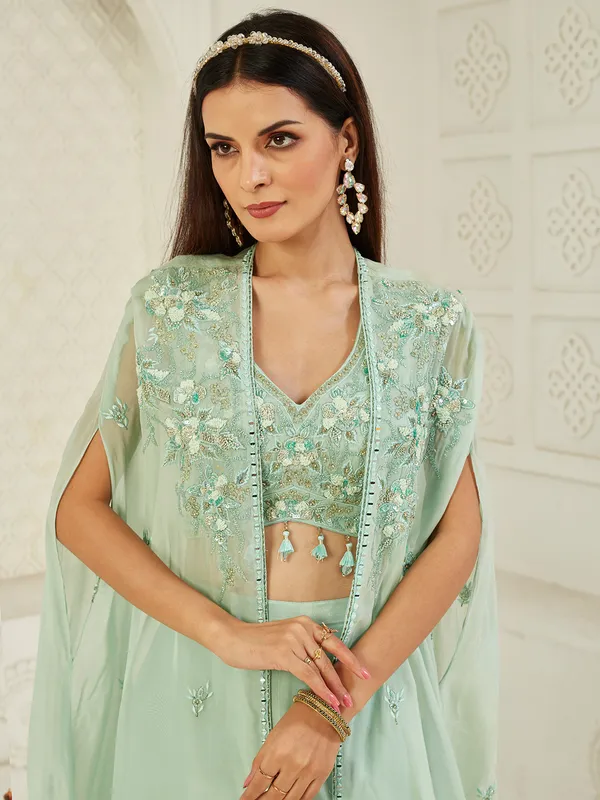 Light green satin silk jacket style palazzo suit