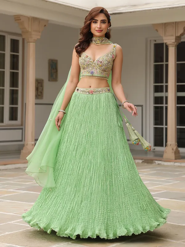 Light green silk and organza lahenga choli
