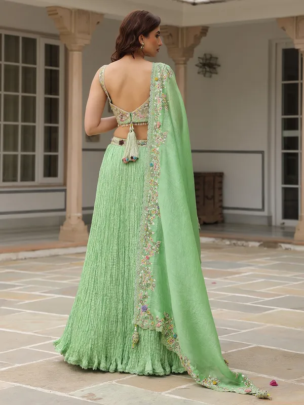 Light green silk and organza lahenga choli for women