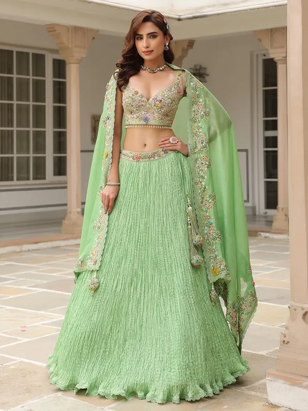 Light green silk and organza lahenga choli for women