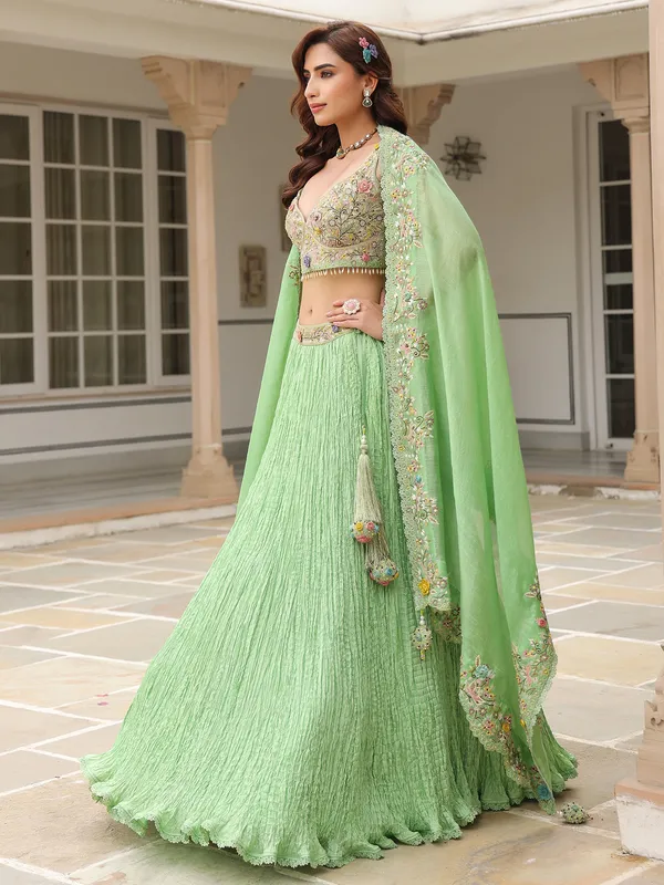 Light green silk and organza lahenga choli for women