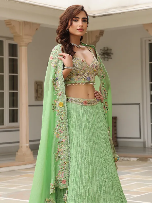 Light green silk and organza lahenga choli for women