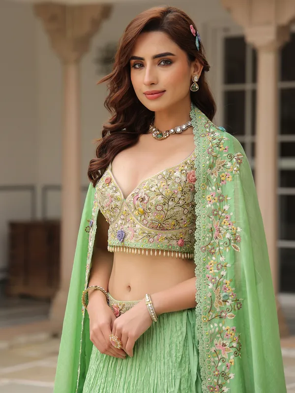 Light green silk and organza lahenga choli for women