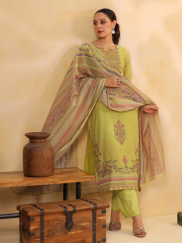 Light green silk printed kurti set