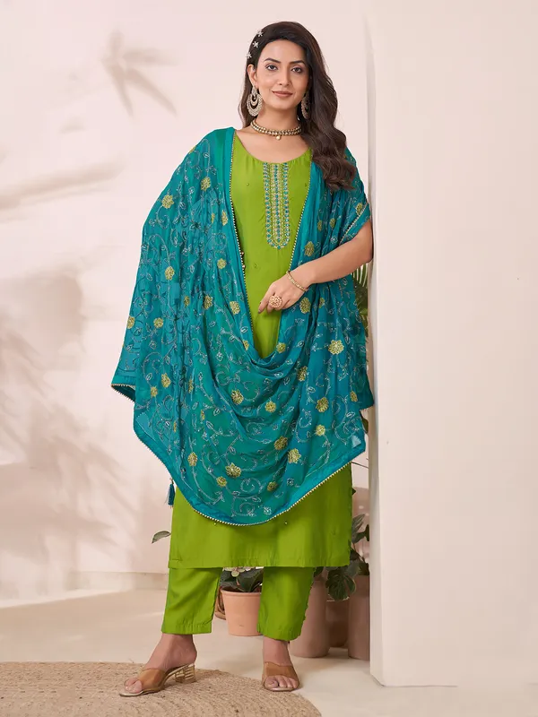 Light green silk salwar suit with resham work