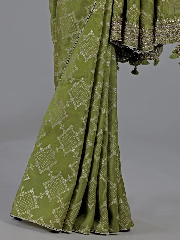 Light green silk saree with ready made blouse