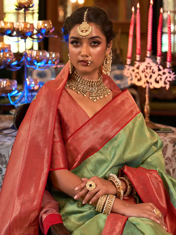Light green silk saree with contrast border