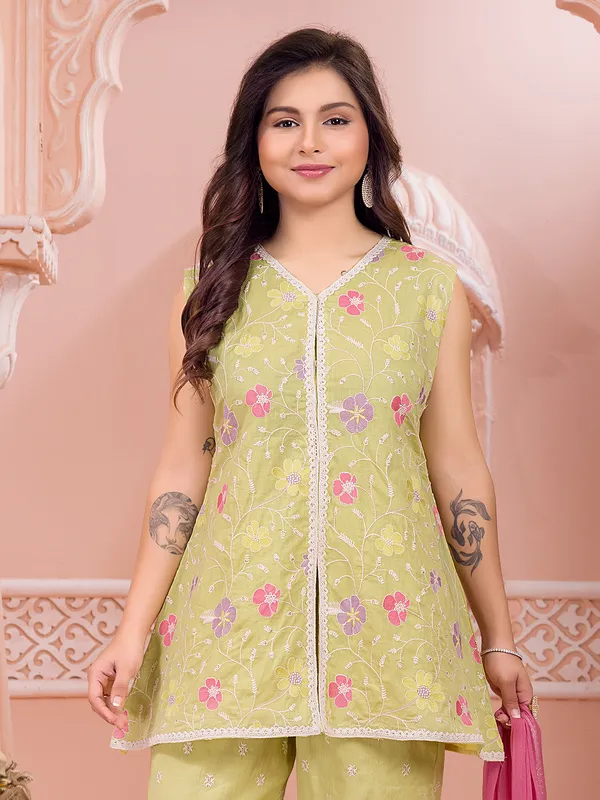 Light green silk sleeveless salwar suit with dupatta