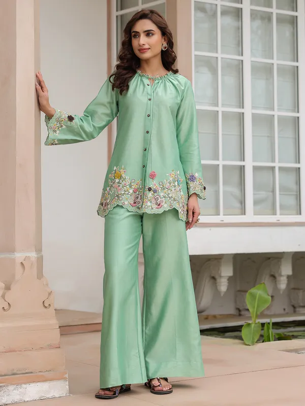 Light green silk tencel embroidery co-ord set