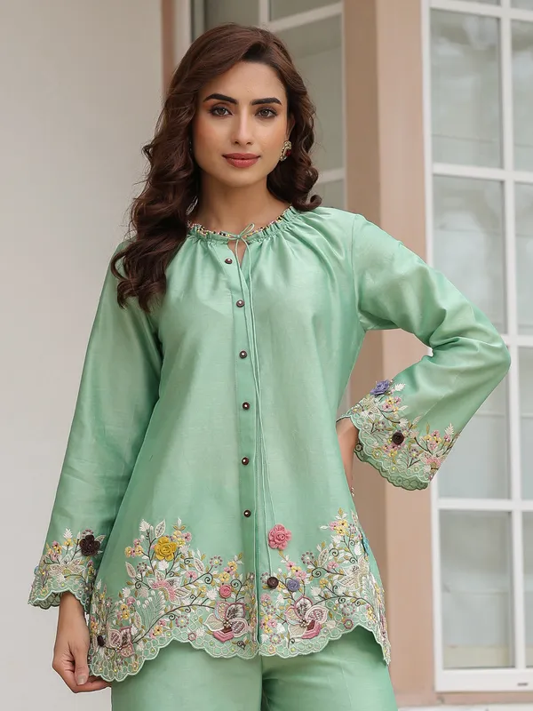 Light green silk tencel embroidery co-ord set