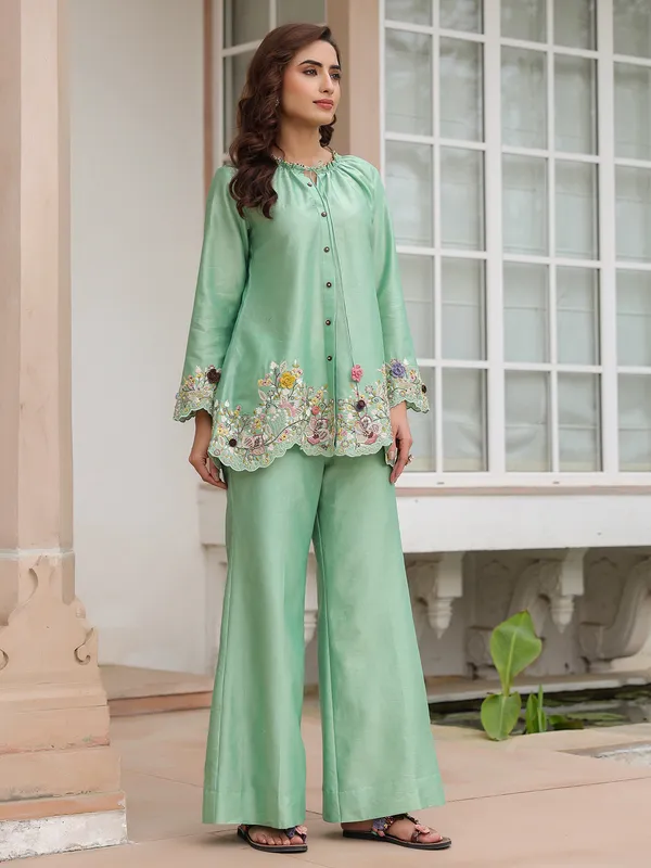 Light green silk tencel embroidery co-ord set