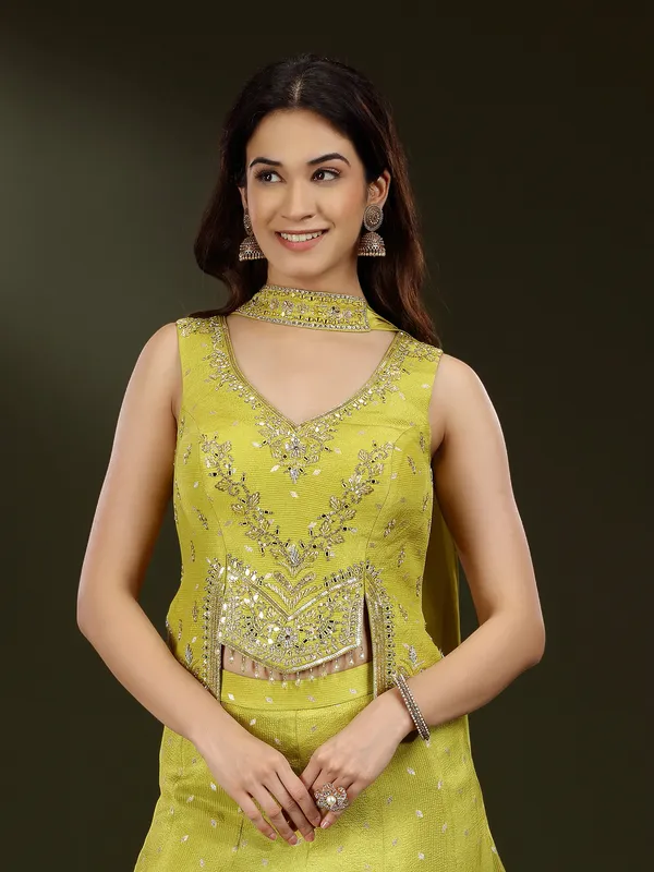 Light green silk zari work palazzo suit