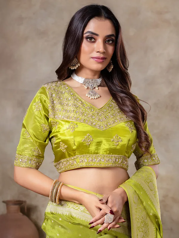Light green zari weaving saree for wedding