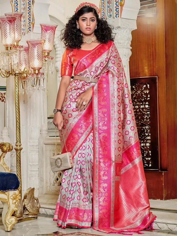 Light grey and pink silk saree