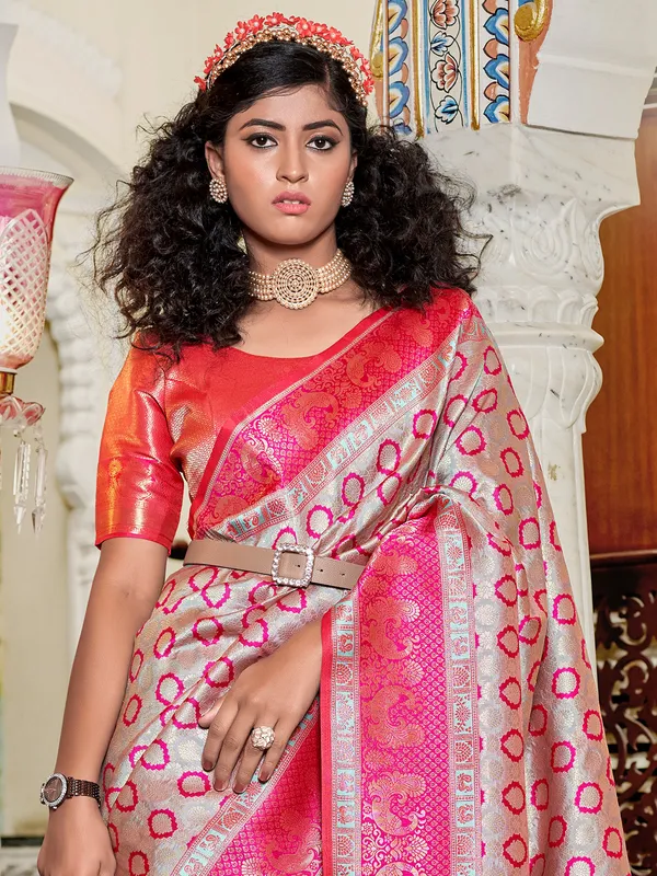 Light grey and pink silk saree