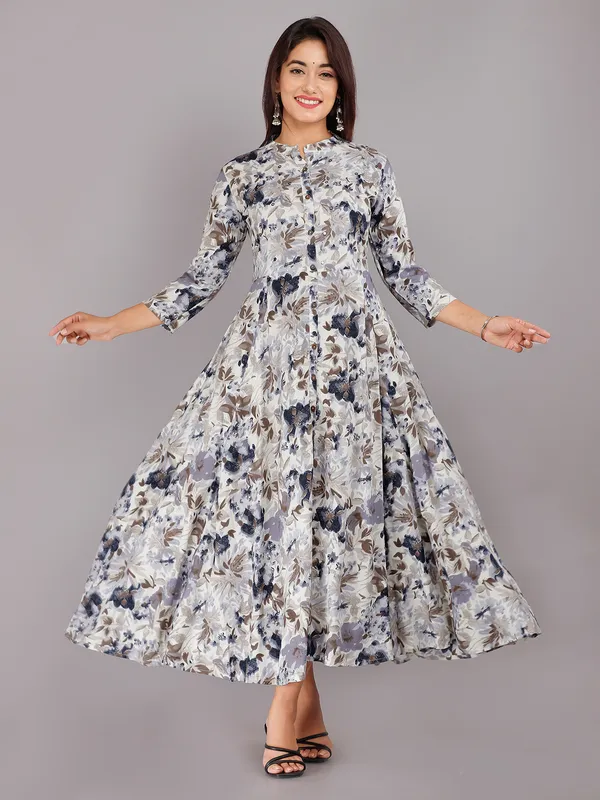 Light grey cotton printed long kurti