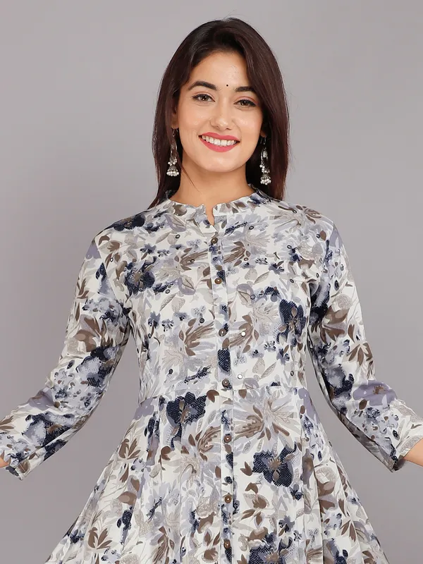 Light grey cotton printed long kurti