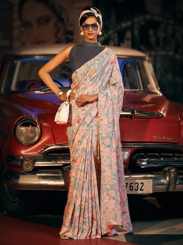 Light grey festive look printed silk saree
