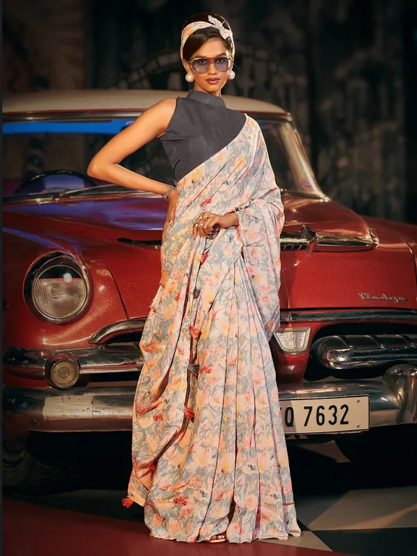 Light grey festive look printed silk saree