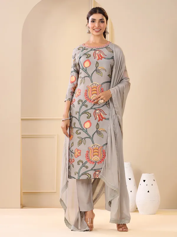 Light grey floral printed cotton kurti set