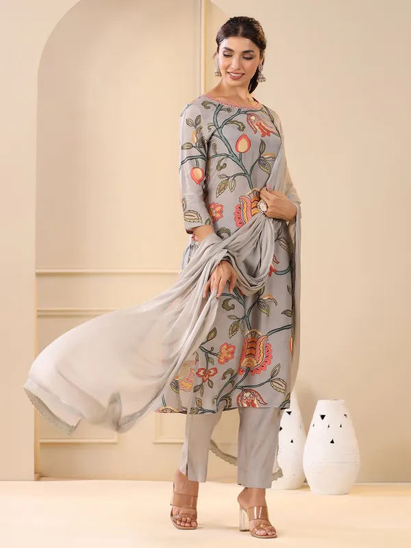 Light grey floral printed cotton kurti set