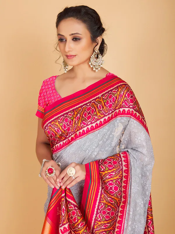 Light grey georgette lucknowi saree