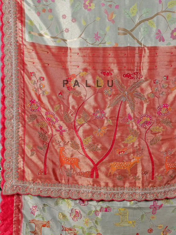 Light grey kanjivaram silk saree with colorful motifs