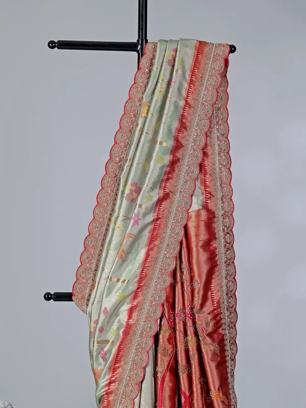 Light grey kanjivaram silk saree with colorful motifs